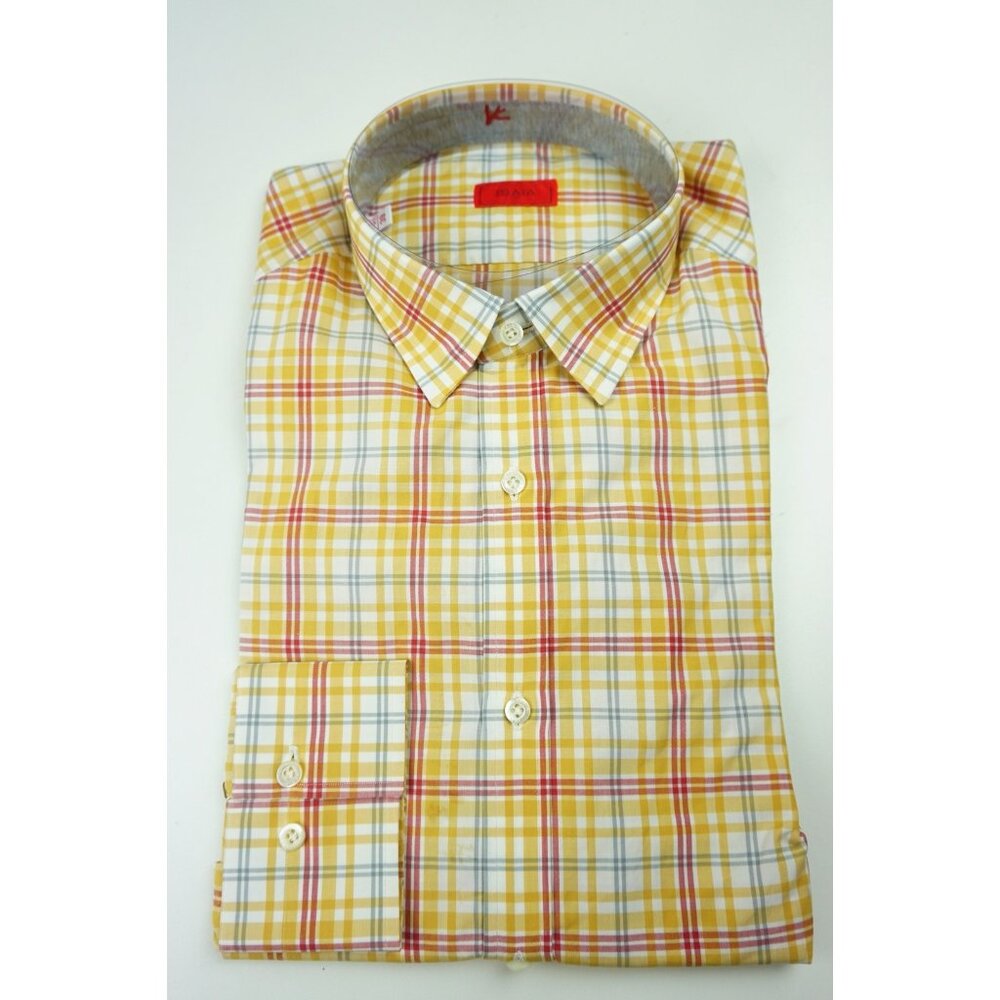 Isaia Napoli Lemon Cherry Plaid Long Sleeve Cotton Dress Shirt 15.5/39 NEW